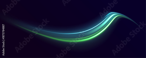 Neon green laser streaks flow along urban streets. Wave energy trails, glowing motion swirls, and line patterns depict futuristic traffic and speed. Vector illustration.