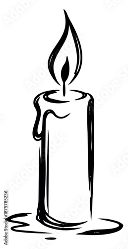 Hand drawn line art illustration of a candle depicting a burning flame and melting wax for a cozy ambiance