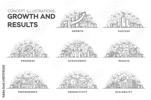 Vector illustrations set about growth and business results. Editable stroke icons for success, progress, productivity, performance and scalability in modern outline style.