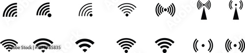 WiFi wireless internet signal flat icon symbol set. Connect of network collection. Bar of satellites for mobile, radio, computer. Hotpot, strength electronic wave from antenna for communication.