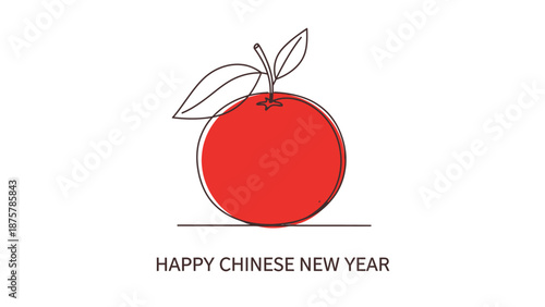 Minimalist red apple illustration with leaves and happy chinese new year text on white background symbolizing prosperity and good fortune