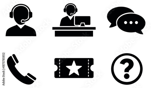Modern glyph customer support icon set featuring headset users, chat bubbles, telephone, event ticket, and a question mark for customer assistance and communication