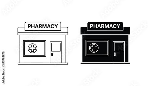 Black and white line drawing of two pharmacy storefronts with cross symbol