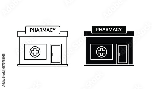 Black and white pharmacy storefront icons in line art style