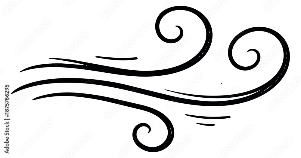 Fototapeta premium Hand drawn line art illustration of wind depicting flowing movement for weather designs