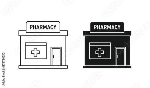 Black and white pharmacy storefront icons on isolated for medical or health related concepts