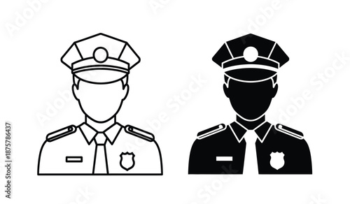 Two police officers in uniform with faceless silhouettes in black and white