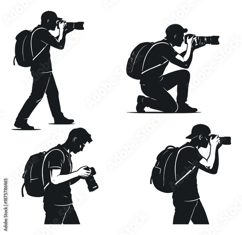 Graphic silhouette photographer set featuring men in various poses holding cameras and wearing backpacks for photography and travel concepts