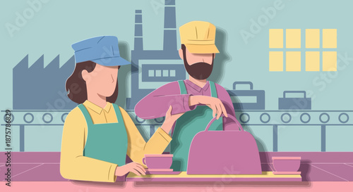 Factory workers preparing meals in pastel tones on production line