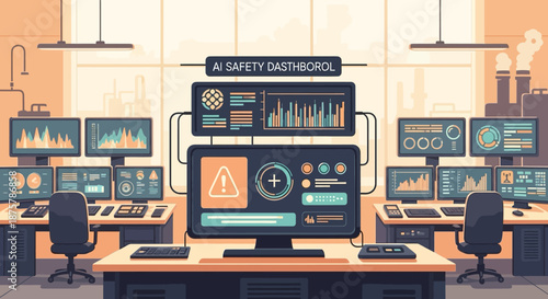 Ai monitoring control room with data analysis dashboard in modern office
