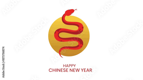 Chinese new year snake illustration with red serpent on golden background symbolizing good fortune and prosperity in a minimalist design