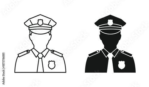 Two police officers in uniform icon set with black and white color schemes for design elements