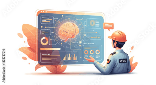 Futuristic safety technology interface with engineer analyzing data in digital workspace