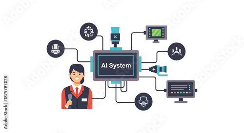 Ai system network diagram with human operator in flat style