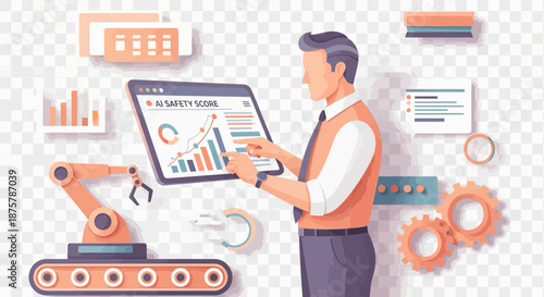 Futuristic businessman analyzing data on interactive screen in office setting with technology