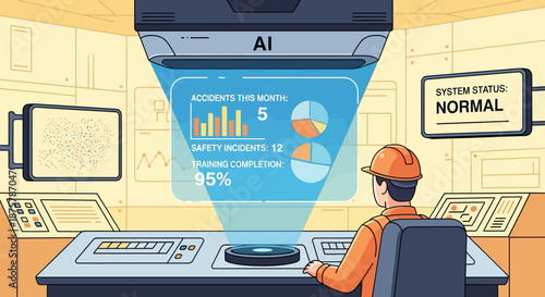 Futuristic ai-controlled workplace showing safety data on holographic display