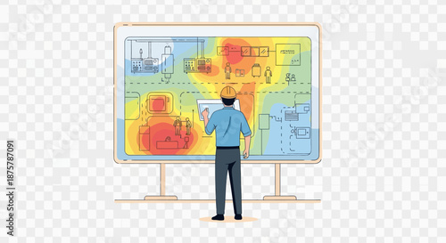 Engineer analyzing heat map on transparent smart board in office setting