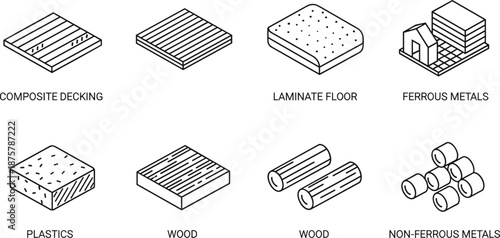 Isometric construction materials set showing wood, metals, plastics, laminate, and composite decking
