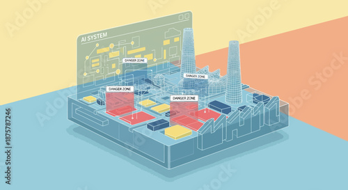 Futuristic isometric ai system in transparent factory with virtual interface