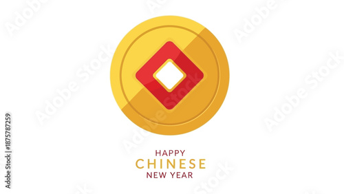 Vibrant chinese new year greeting with golden coin and red symbol on white background celebrating prosperity and good fortune