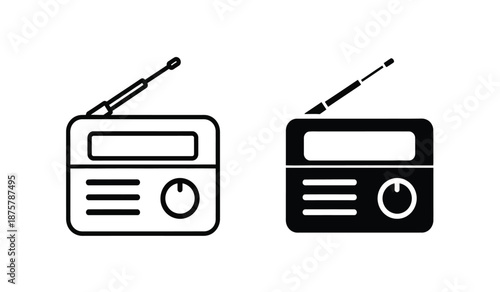 Black and white radio icons with antennas on top for broadcasting or music