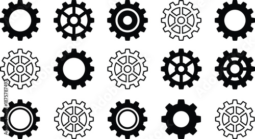 Gear icons set with 16 mechanical designs in black, white, and outline styles