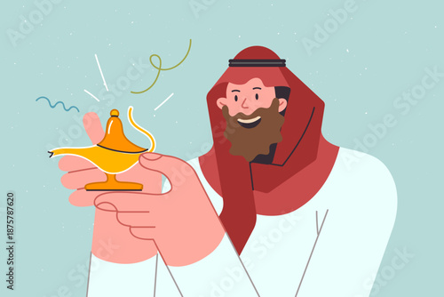 Genie in golden lamp in hands of arab man making wish, dressed in traditional dishdasha