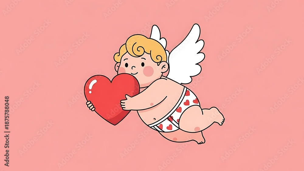 Fototapeta premium Animated cupid flying with wings, holding a red heart on a pastel pink background