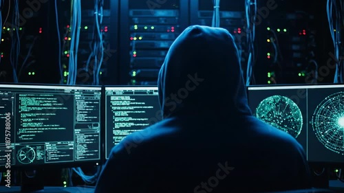 A person in a hooded sweatshirt sits in front of multiple glowing computer screens in a dark server room.
