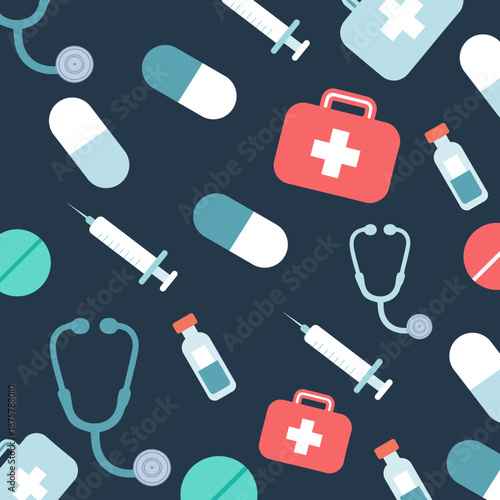 Medical equipment and tools pattern design on blue color background with doctor tools and healthcare