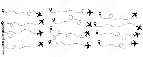 Airplane routes dotted lines from pins on world map for travel and journey concept vector illustration