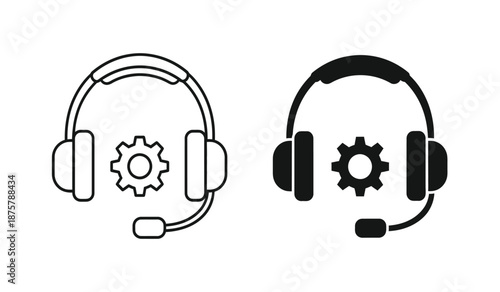 Two headsets with gear icons in black and white line art style for customer service or technical support concepts