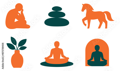Minimalist flat icon set featuring meditating and thinking people, a horse, stacked stones, and a plant for wellness and lifestyle branding