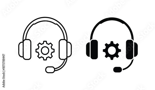 Two headset icons with gear symbols in black and white