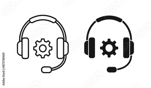 Black and white line icons of two headsets with gear symbols on the side, representing customer support and technical services