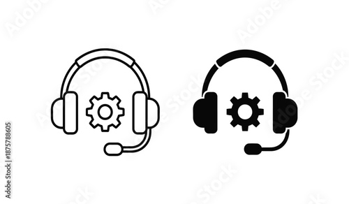 Two headset icons with gear symbols in black and white line art styles for customer service or technical support concepts