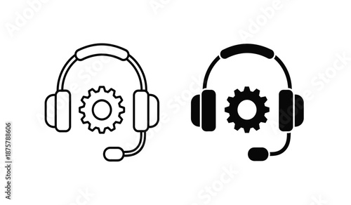 Two headset icons with gear symbols representing customer support and technical service on isolated for business and technology concepts