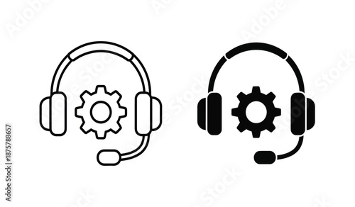 Two headset icons with gear symbols in black and white on a pure for customer service or technical support concepts