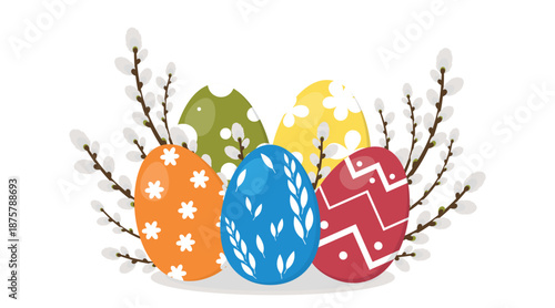 Painted Easter eggs and willow branches. Decorative element for design, greeting card, invitation, sticker, scrapbooking, banner.