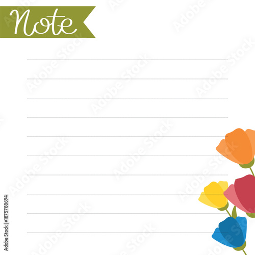 Spring square blank paper with colorful flowers. Vector template for note, sticker, to do list, diary, home or office.