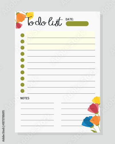 Spring or summer to do list with flowers pattern.
Blank for print, planner, diary, agenda, shopping, organizer, checklist, notes.