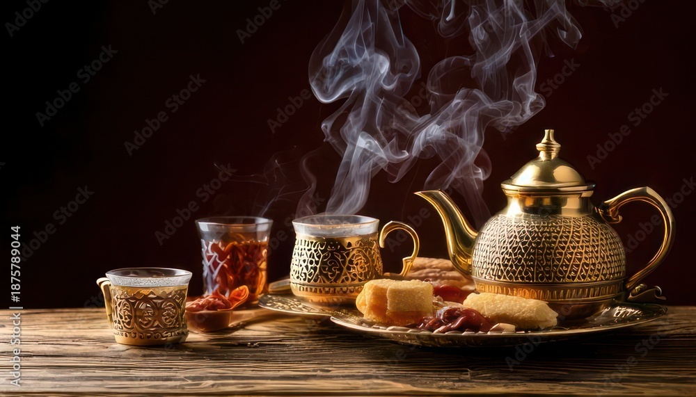 Fototapeta premium Elegant Tea Time - Golden Teapot, Steaming Cups, and Delectable Treats.