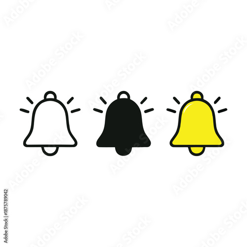 Set of three notification bells in different styles ringing loudly in a row