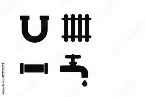 Black icons representing plumbing symbols including pipe, radiator, tap, and hose on a white