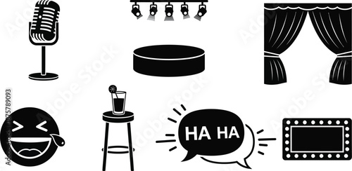 Cinema comedy and tragedy masks spotlight theatre stage live performances, acting vector silhouette icons. 