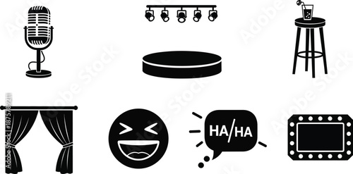 Cinema comedy and tragedy masks spotlight theatre stage live performances, acting vector silhouette icons. 