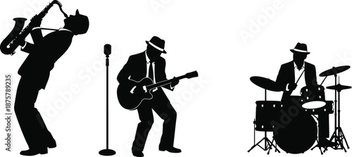 Jazz, blues band  trio of musicians saxophonist, guitarist, microphone, trumpet, piano, drummer musical instrument. Musicians in a jazz band vector icons. 