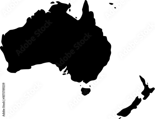 Australia and New Zealand (Oceania) — Minimal Black Silhouette Map Vector