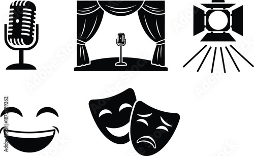 Cinema comedy and tragedy masks spotlight theatre stage live performances, acting vector silhouette icons. 