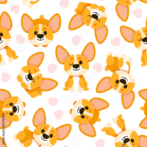 Seamless pattern of cute corgis and hearts on a white background